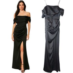 DO+BE Off-Shoulder Draped Formal Black Maxi Gown Size Small NWT